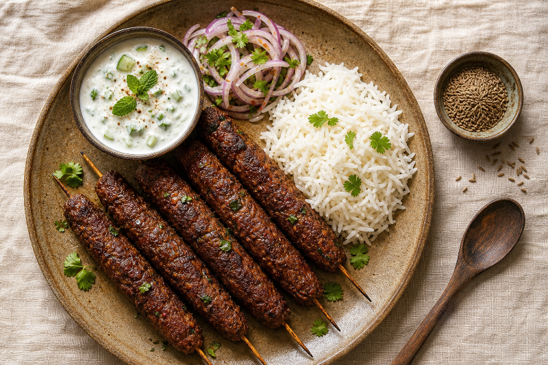 Beef seekh kebab with mint raita, GustoPlan recipe