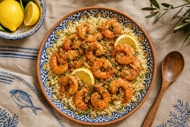 Crevettes ail-citron et semoule, recette GustoPlan