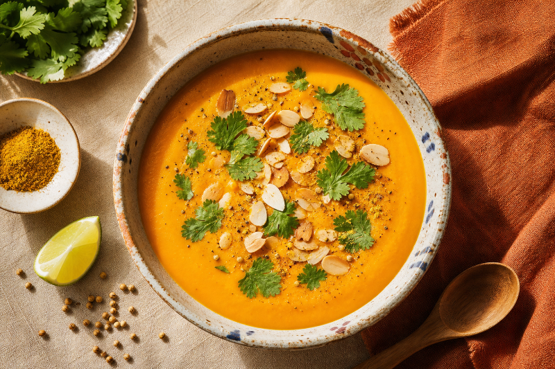 Velouté de Patate Douce et Coco au Curry, Amandes Grillées, recette GustoPlan