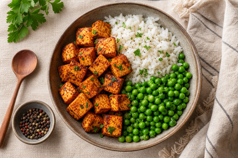 Paprika tofu bowl with peas and rice, GustoPlan recipe