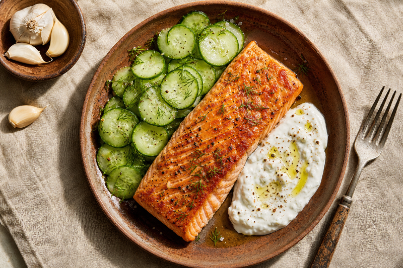 Pan-seared salmon with cucumber and yogurt, GustoPlan recipe