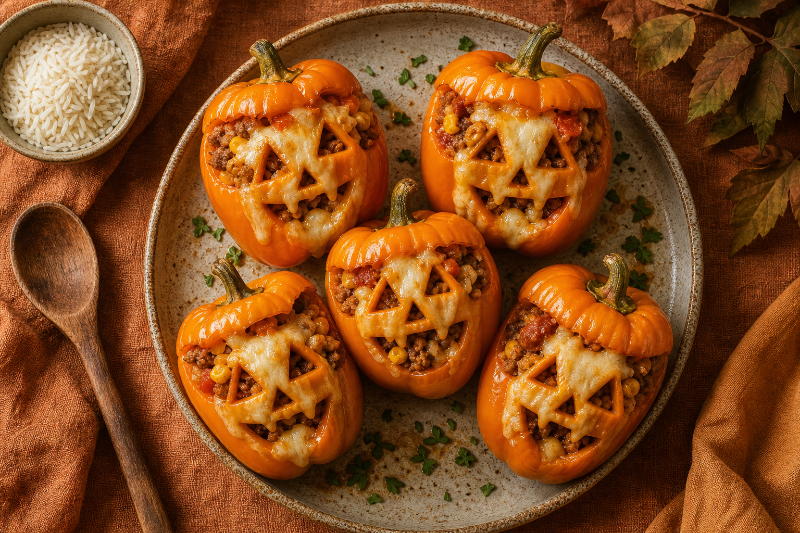 Jack-o'-lantern stuffed peppers, GustoPlan recipe