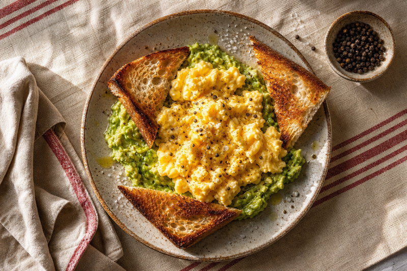 Scrambled eggs with avocado toast, GustoPlan recipe