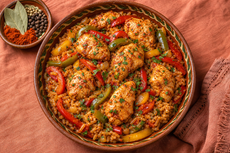 Poulet paprika poivrons riz, recette GustoPlan