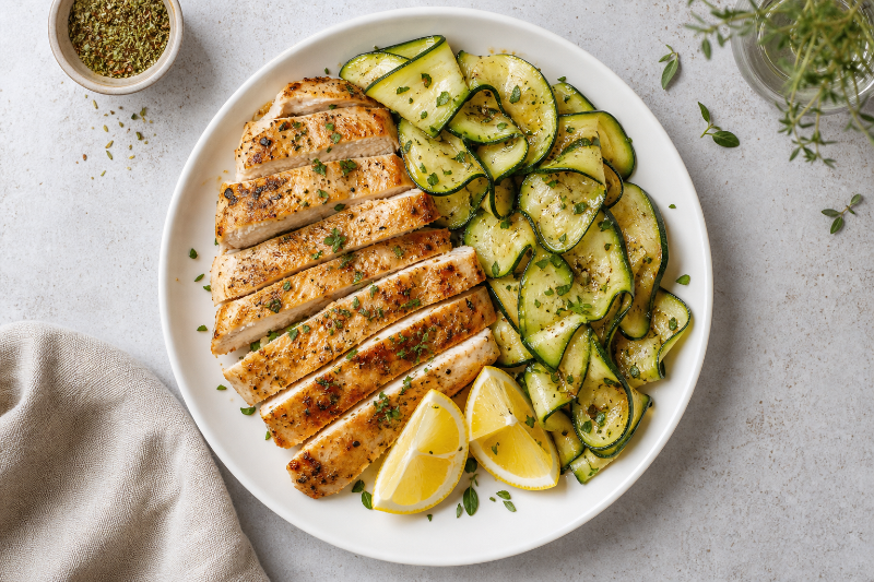 Pan-seared chicken with zucchini and lemon, GustoPlan recipe