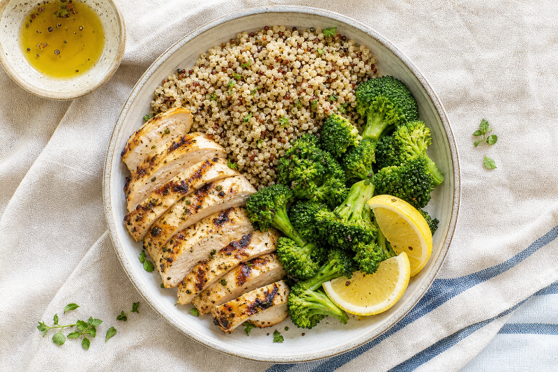Grilled chicken with quinoa and lemon broccoli — GustoPlan recipe