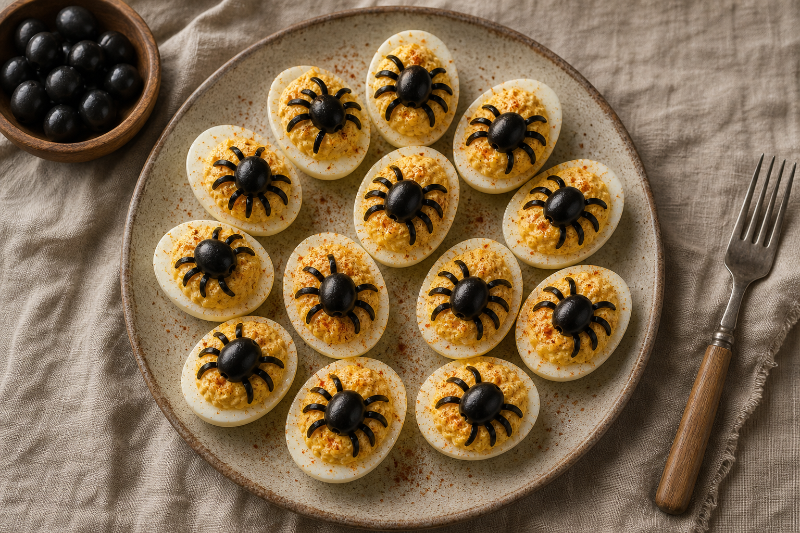 Deviled eggs with olive spiders, GustoPlan recipe