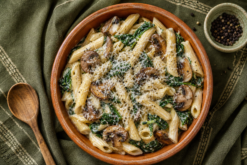 Pâtes aux champignons, épinards et parmesan, recette GustoPlan