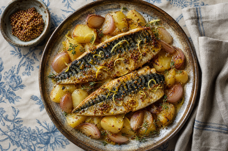 Roast mackerel with potatoes and mustard, GustoPlan recipe