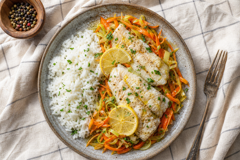 Pollock en papillote with leeks and carrots, GustoPlan recipe