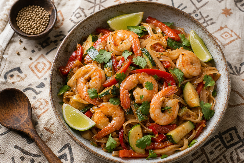 Sauté de crevettes aux nouilles de riz, recette GustoPlan
