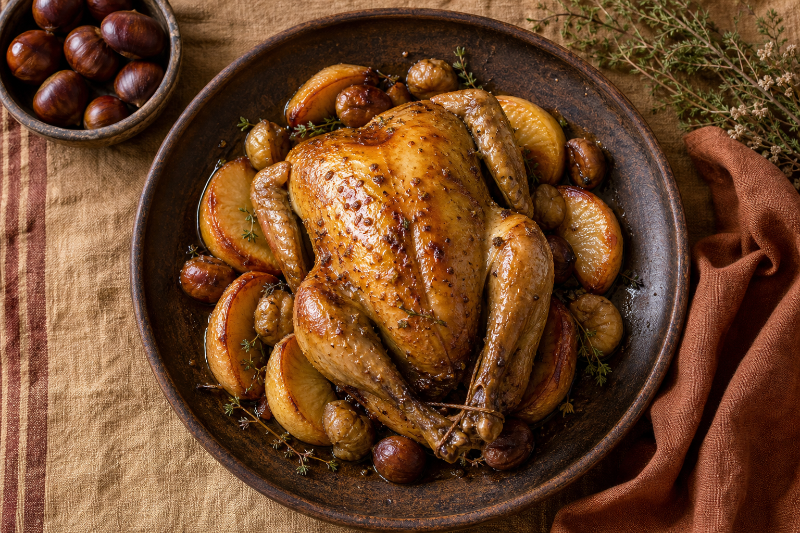 Pintade rôtie aux pommes et châtaignes, recette GustoPlan