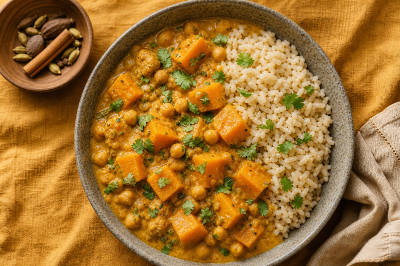 Curry de butternut, pois chiches et riz, recette GustoPlan