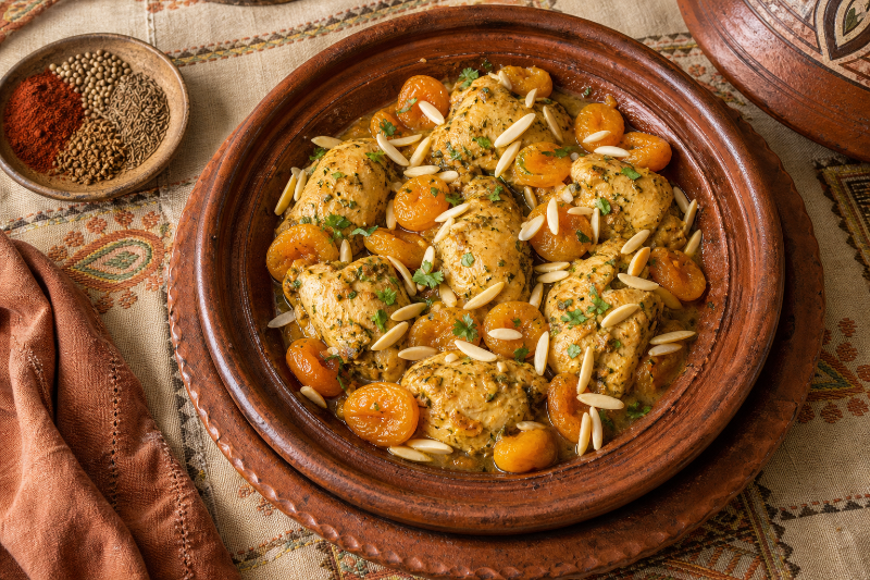 Tajine de poulet aux abricots secs et amandes — recette GustoPlan