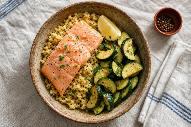Saumon quinoa et courgettes, recette GustoPlan
