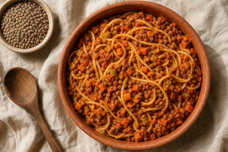 Pâtes à la bolognaise de lentilles, recette GustoPlan