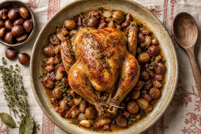 Roast capon with chestnuts, GustoPlan recipe