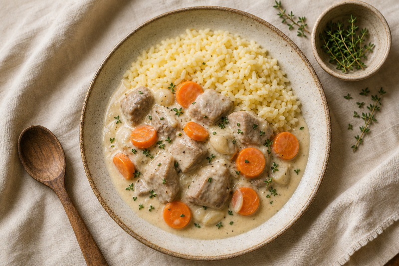 Veal blanquette with rice and carrots