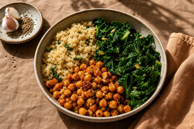 Quinoa bowl with kale and roasted chickpeas, GustoPlan recipe