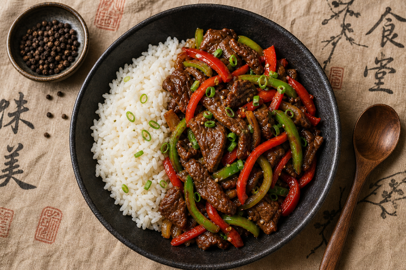 Beef and pepper stir-fry with soy sauce, GustoPlan recipe
