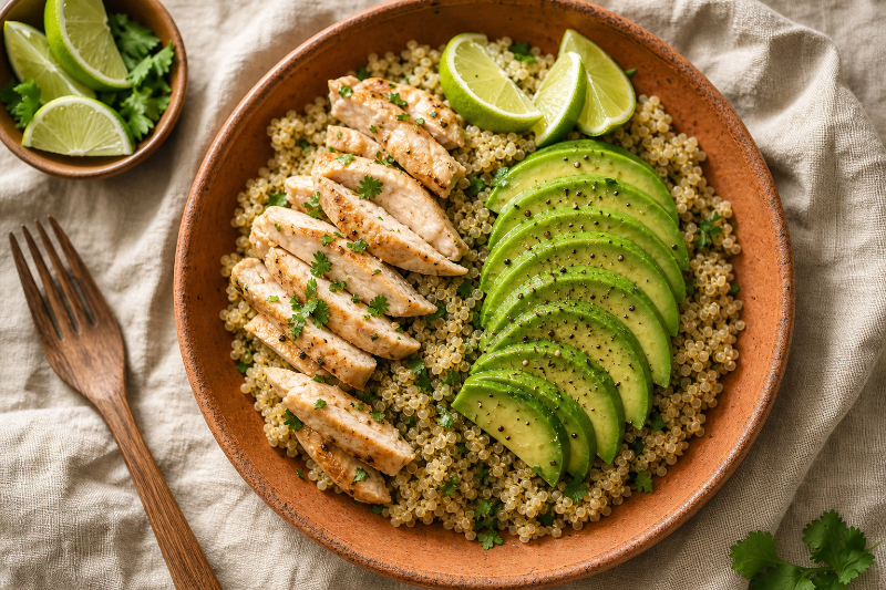 Bowl poulet, quinoa et avocat — recette GustoPlan