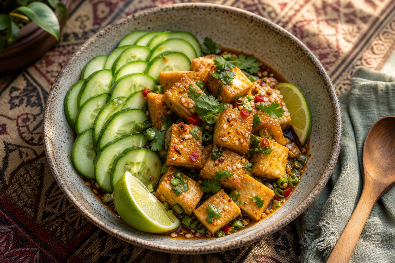 Salade de tofu doré, concombre et citron vert, recette GustoPlan