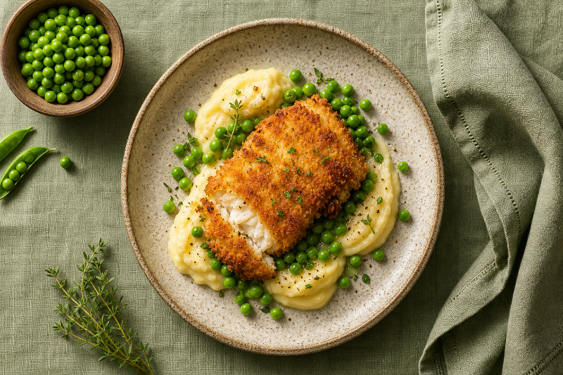 Oven-Breaded Cod with Mash and Peas — GustoPlan recipe