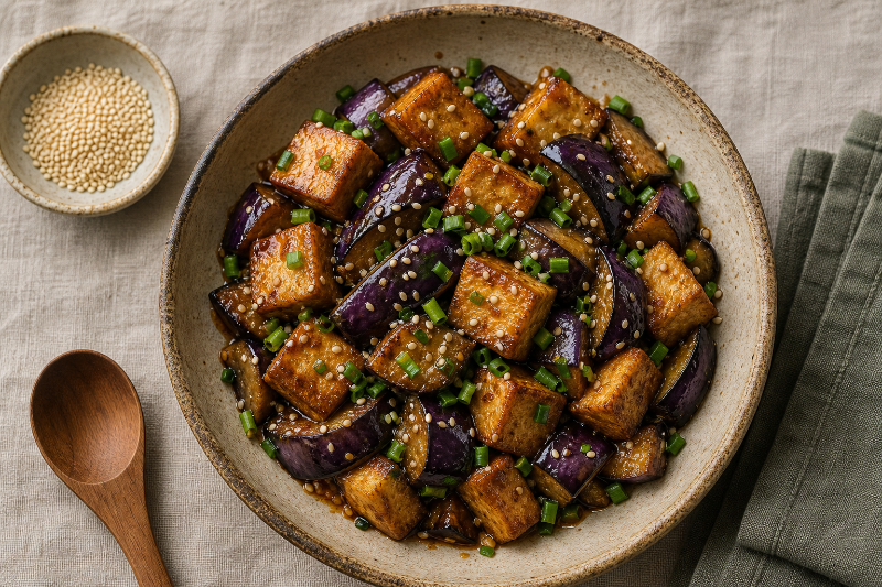 Sauté de tofu aubergines au miso, recette GustoPlan