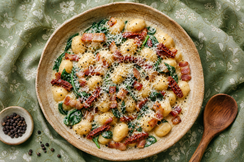 Creamy bacon and spinach gnocchi