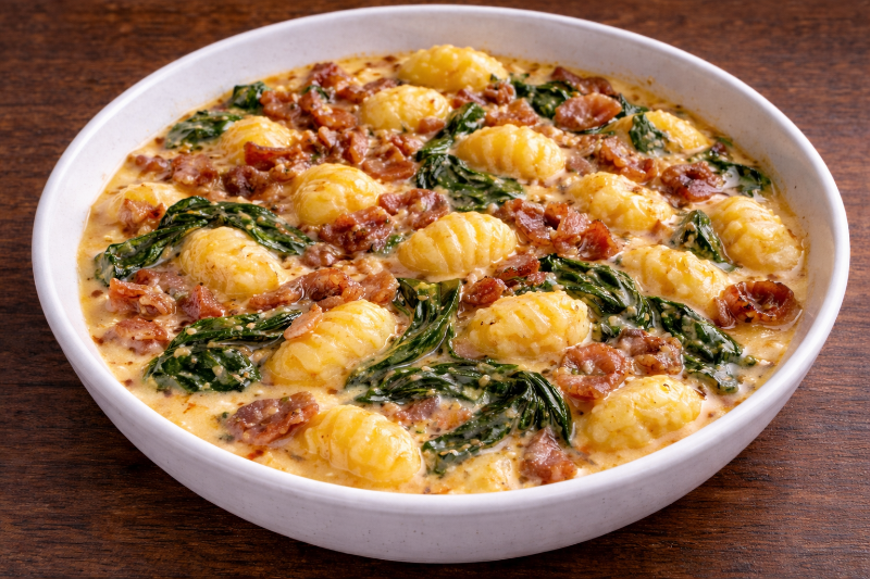 Gnocchis crémeux au bacon et épinards