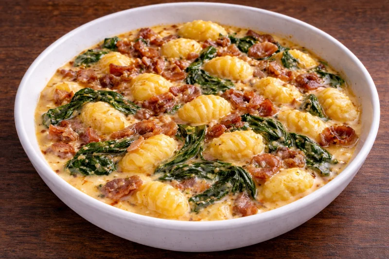 Gnocchis crémeux au bacon et épinards