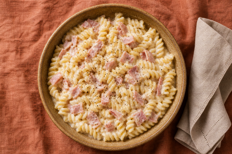 Fusilli à la crème et au jambon, recette GustoPlan
