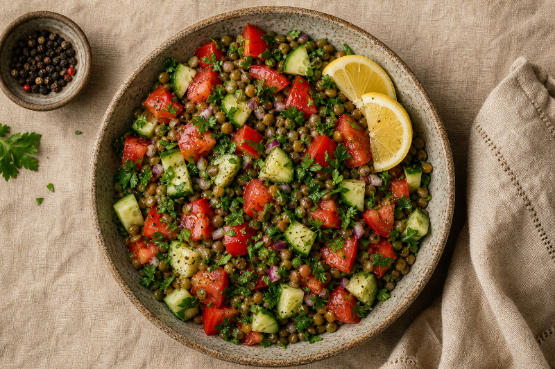 Salade de lentilles, tomates et concombre, recette GustoPlan