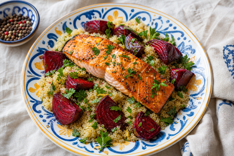 Salmon with roasted beetroot and quinoa, GustoPlan recipe