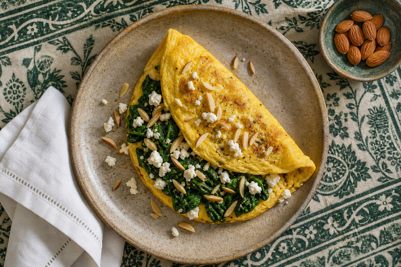 Omelette protéinée épinards, feta et amandes — recette GustoPlan