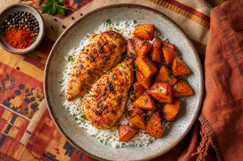 Poulet paprika, potimarron et riz, recette GustoPlan