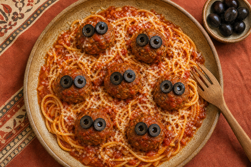 Spaghetti aux boulettes yeux de monstre, recette GustoPlan