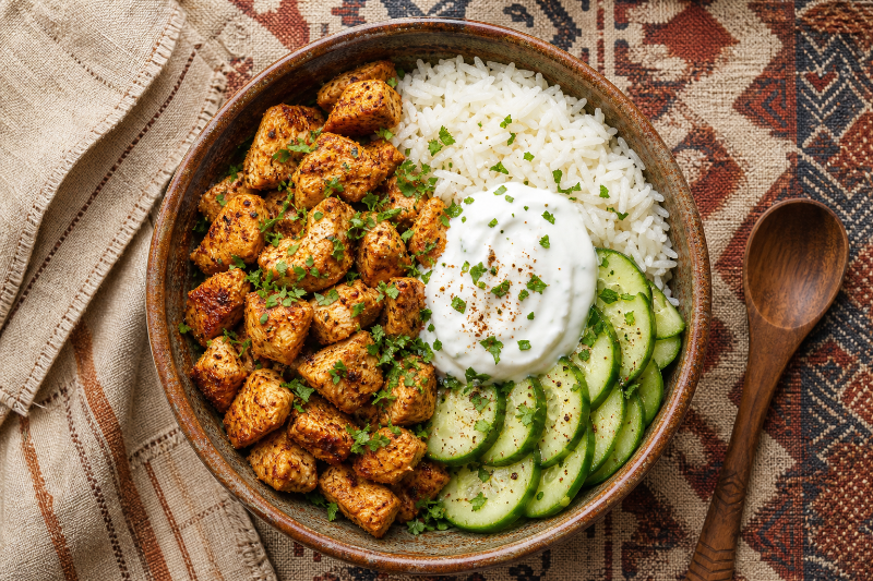 Shawarma dinde riz yaourt, recette GustoPlan