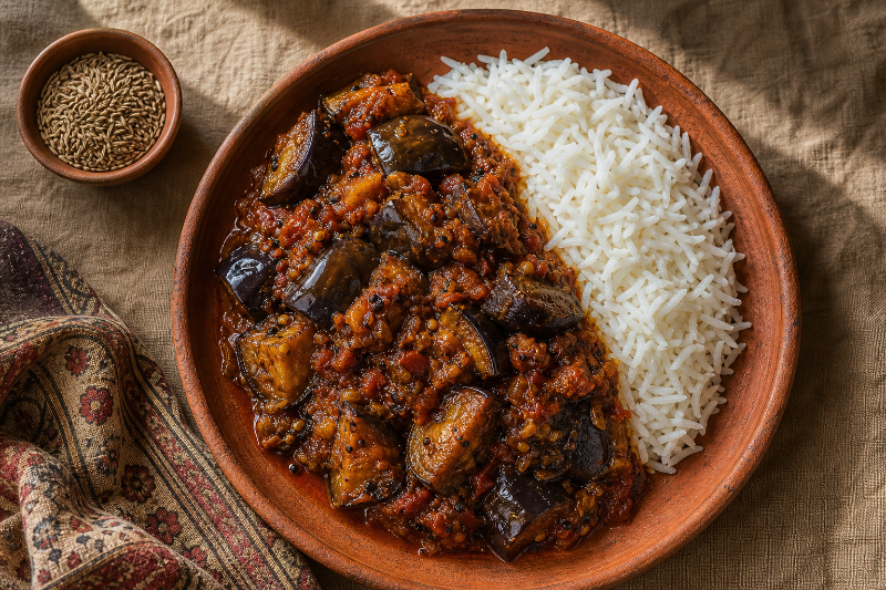 Baingan masala et riz basmati, recette GustoPlan