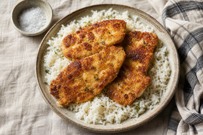 Breaded chicken with plain rice, GustoPlan recipe