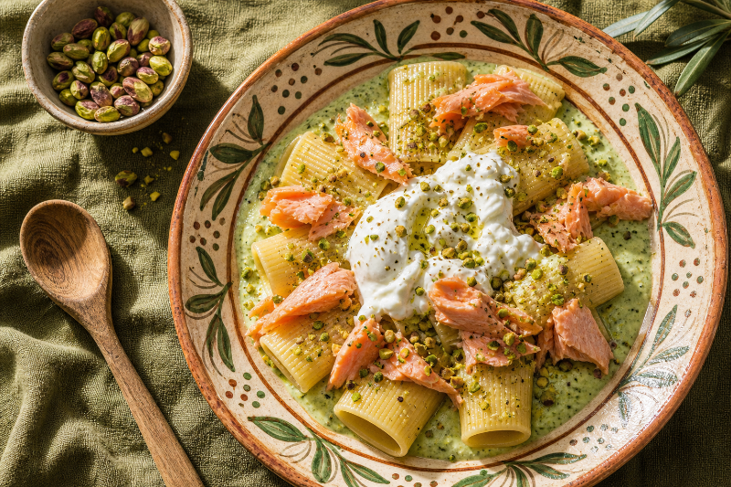 Paccheri with zucchini cream, burrata and salmon