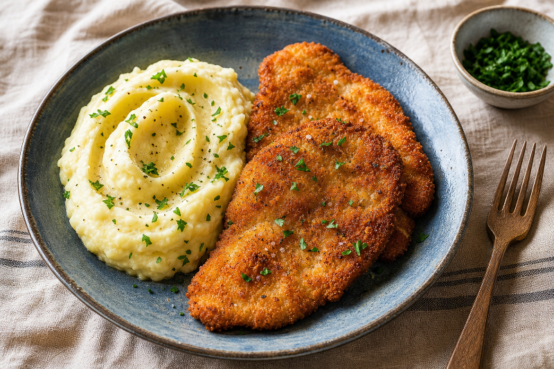 Breaded turkey cutlets with mashed potatoes, GustoPlan recipe