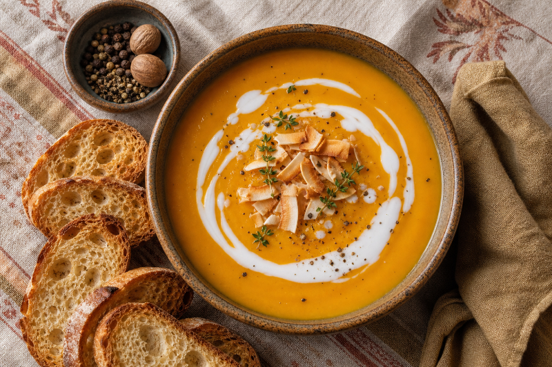 Velouté de potimarron au coco et pain grillé, recette GustoPlan