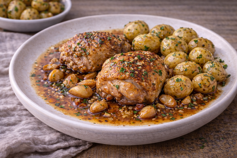 Poulet à l'ail et pommes de terre grenailles