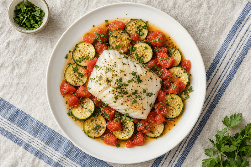 Cabillaud en papillote, tomates et courgettes — recette GustoPlan