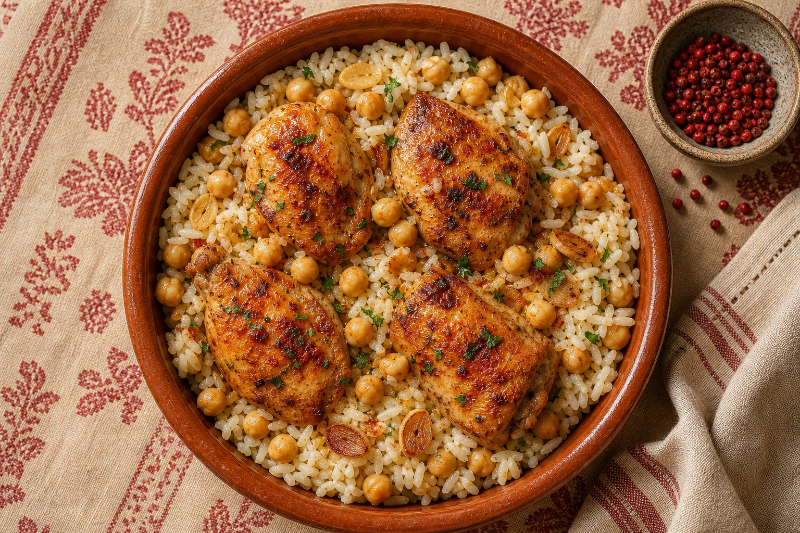 Poulet paprika, pois chiches et riz, recette GustoPlan