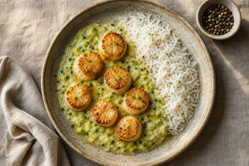 Seared scallops with creamy leeks, GustoPlan recipe