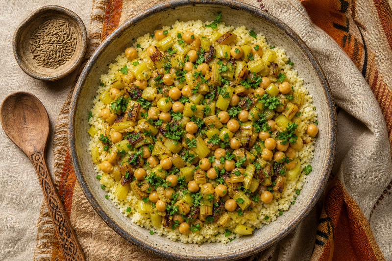 Leek and chickpea pan with semolina, GustoPlan recipe