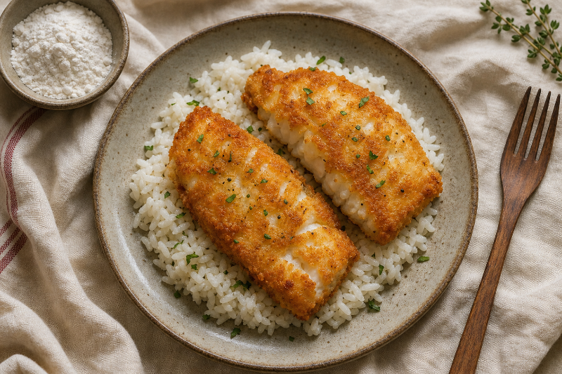 Breaded cod with plain rice, GustoPlan recipe