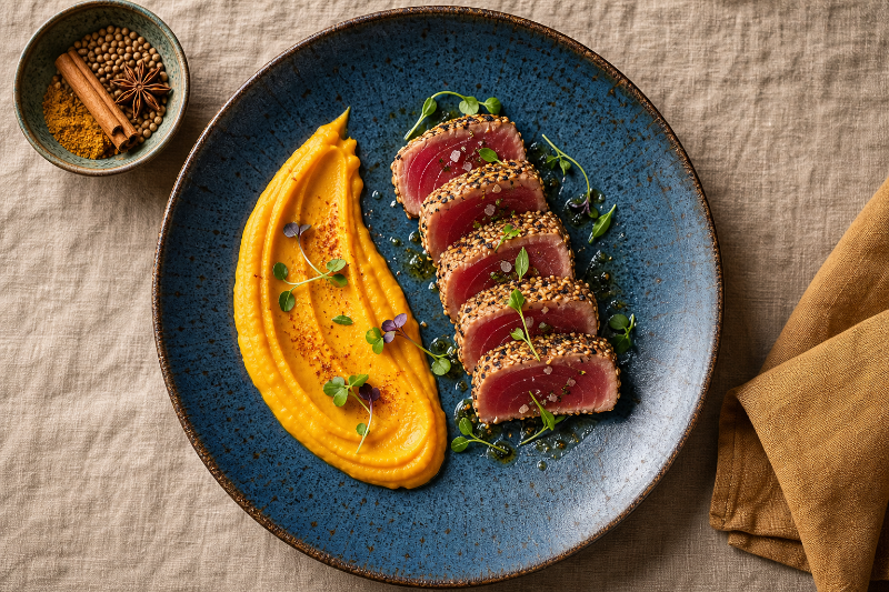 Tuna Mi-Cuit and Sweet Potato Curry Mousseline